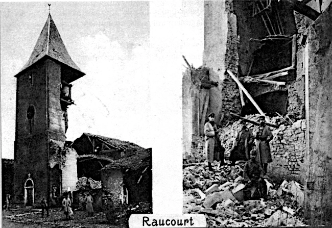 carte postale de l'église partiellement détruite - clocher