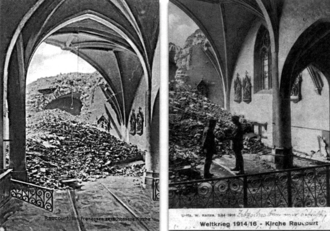 carte postale de l'église partiellement détruite - autre vue intérieure