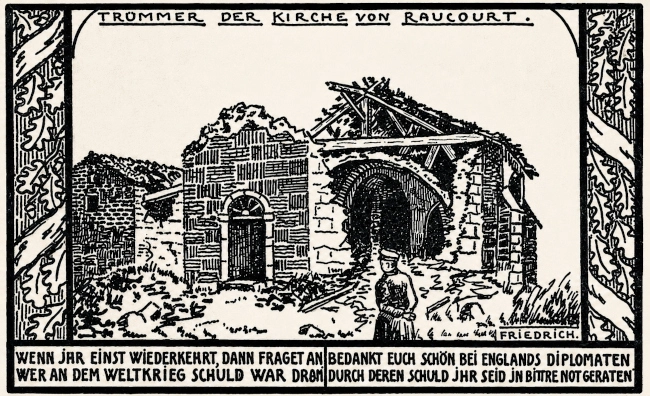 carte postale de l'église partiellement détruite - propagande allemande
