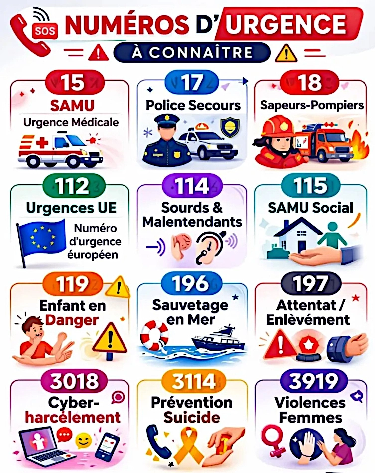 15 : SAMU 17 : Police secours 18 : Pompiers