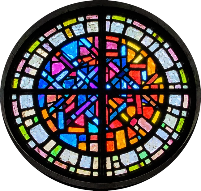 vitraux contemporains de la rosace de l'église de Raucourt
